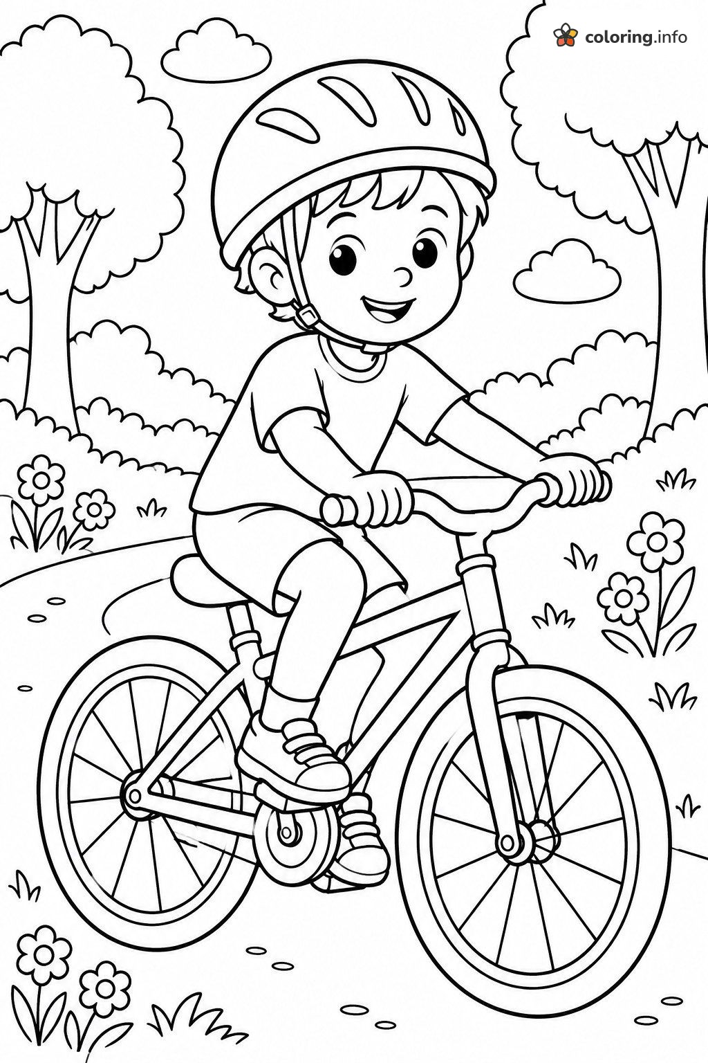 Kid on a Bike with a Helmet in the Park, Sports Coloring Page Kid on a Bike with a Helmet in the Park, Sports Coloring Page