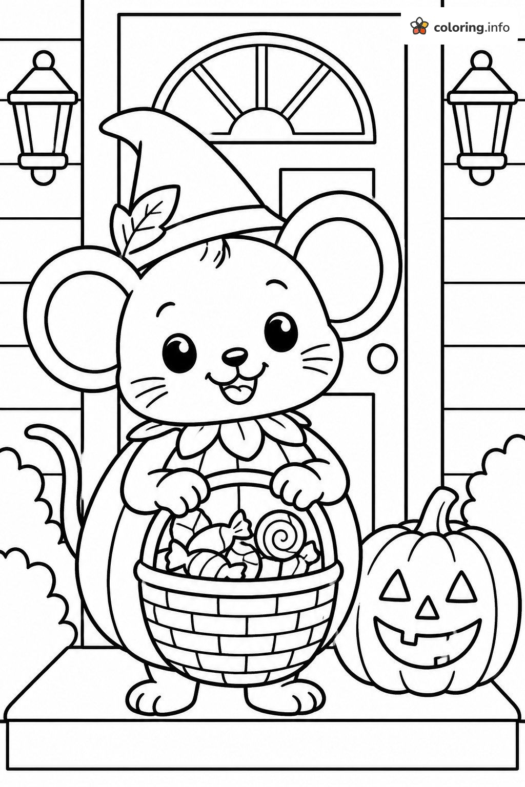 Halloween Mouse in a Witch Hat with Candy Basket coloring page Halloween Mouse in a Witch Hat with Candy Basket coloring page