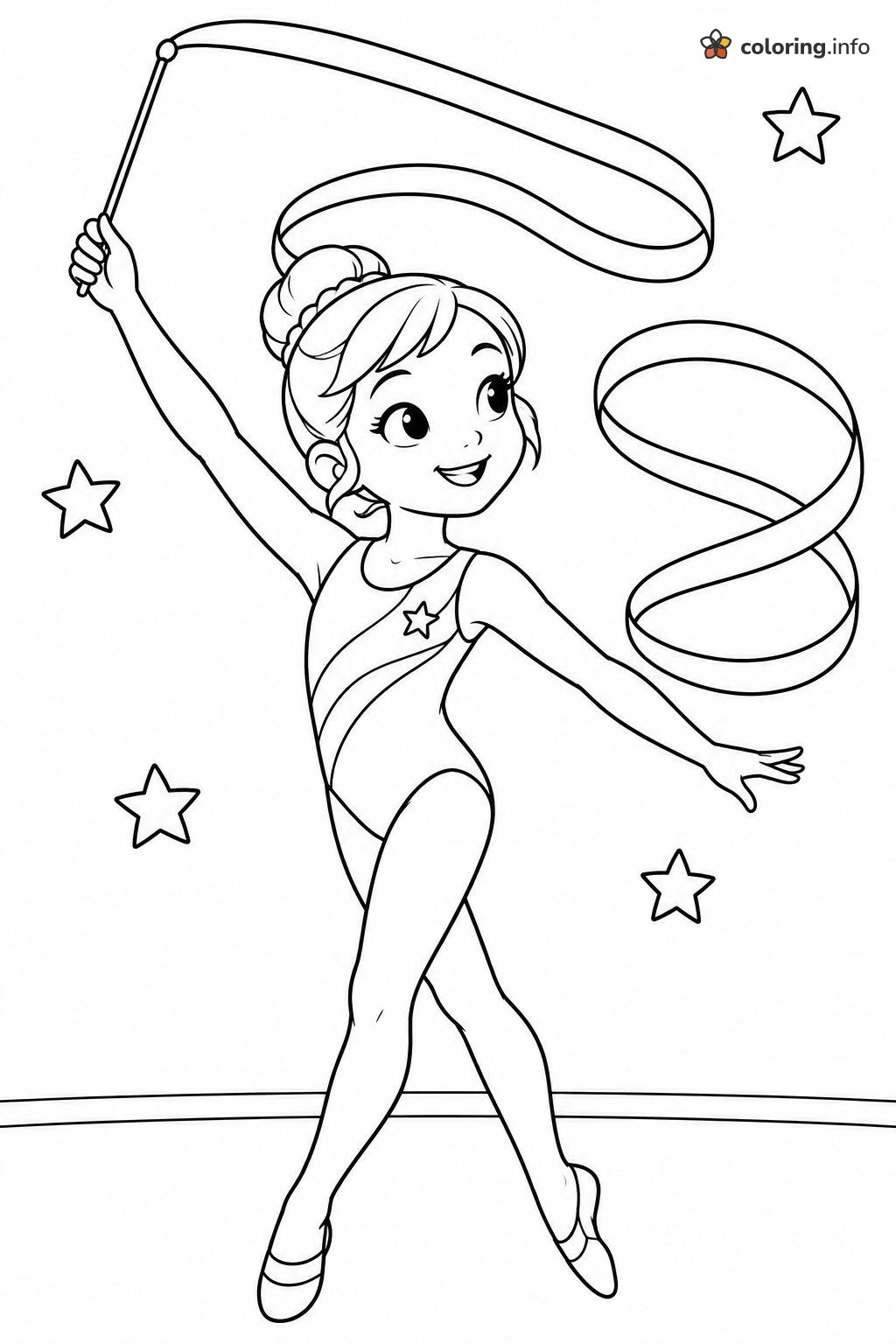 Rhythmic Gymnast with Ribbon and Stars (Sports Coloring Page) coloring page Rhythmic Gymnast with Ribbon and Stars (Sports Coloring Page) coloring page