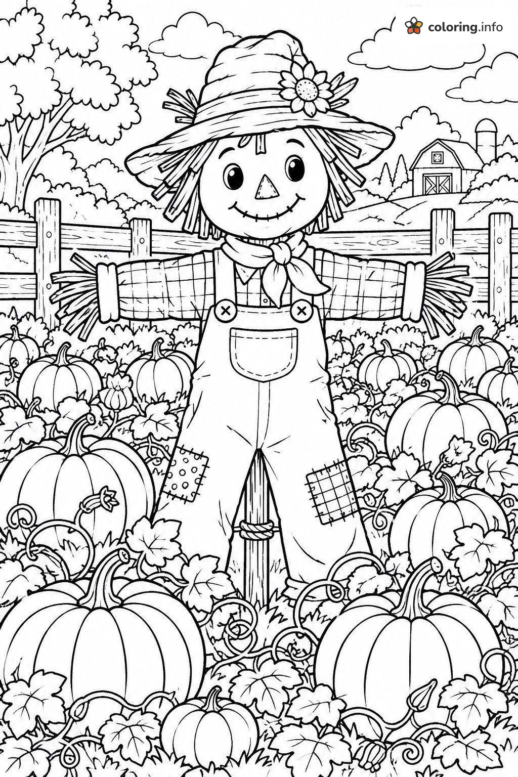 Halloween Scarecrow Standing in the Pumpkin Patch coloring page Halloween Scarecrow Standing in the Pumpkin Patch coloring page
