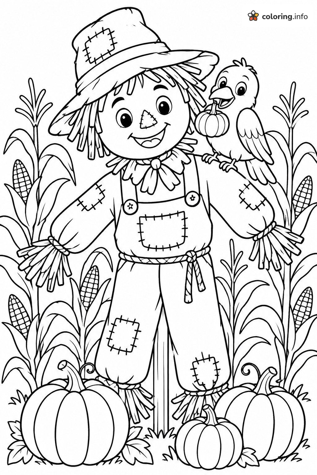 Scarecrow and Bird in a Halloween Cornfield with Pumpkins printable coloring page Scarecrow and Bird in a Halloween Cornfield with Pumpkins printable coloring page