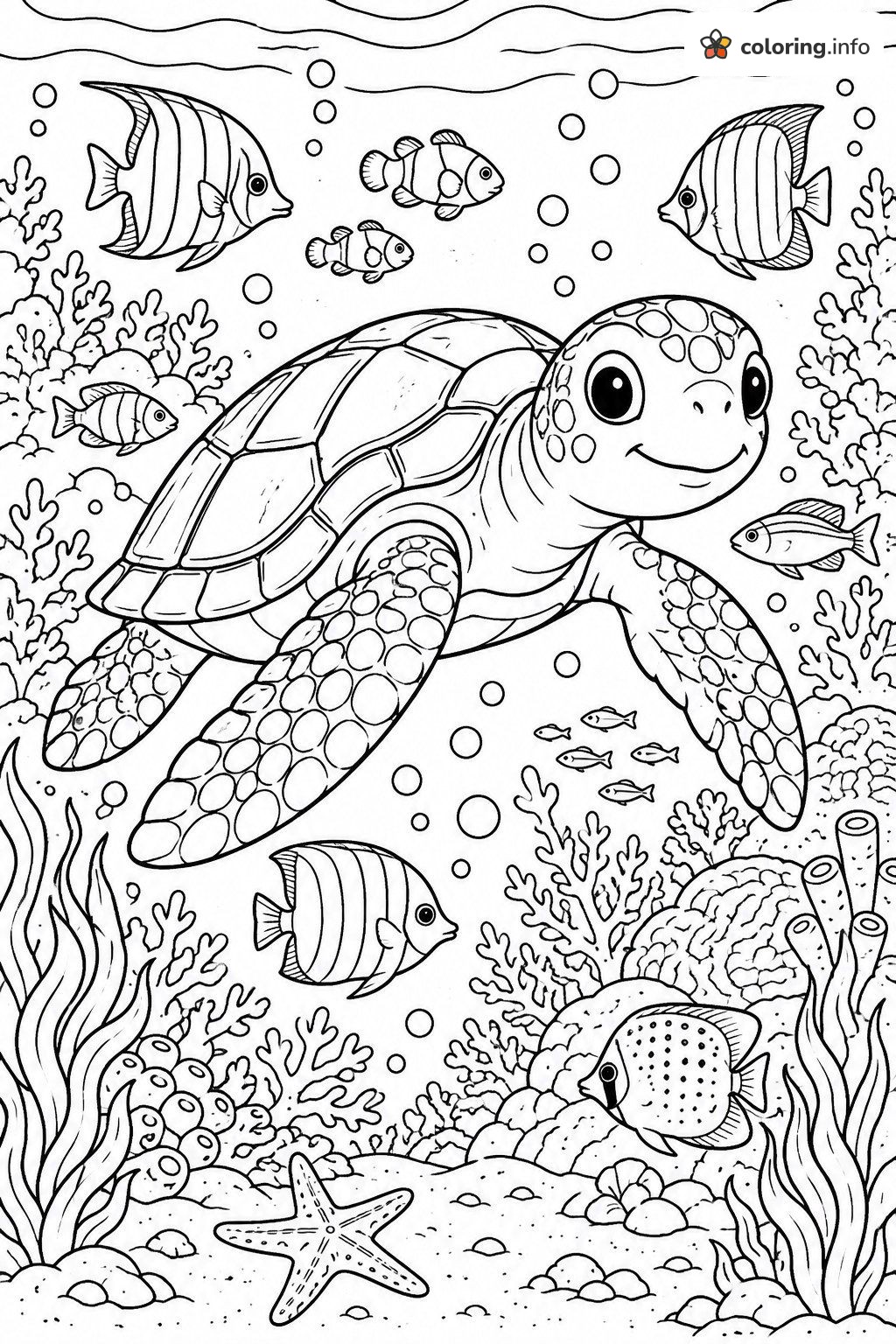 Sea Turtle and Reef Friends, an Underwater Animals Page coloring page Sea Turtle and Reef Friends, an Underwater Animals Page coloring page