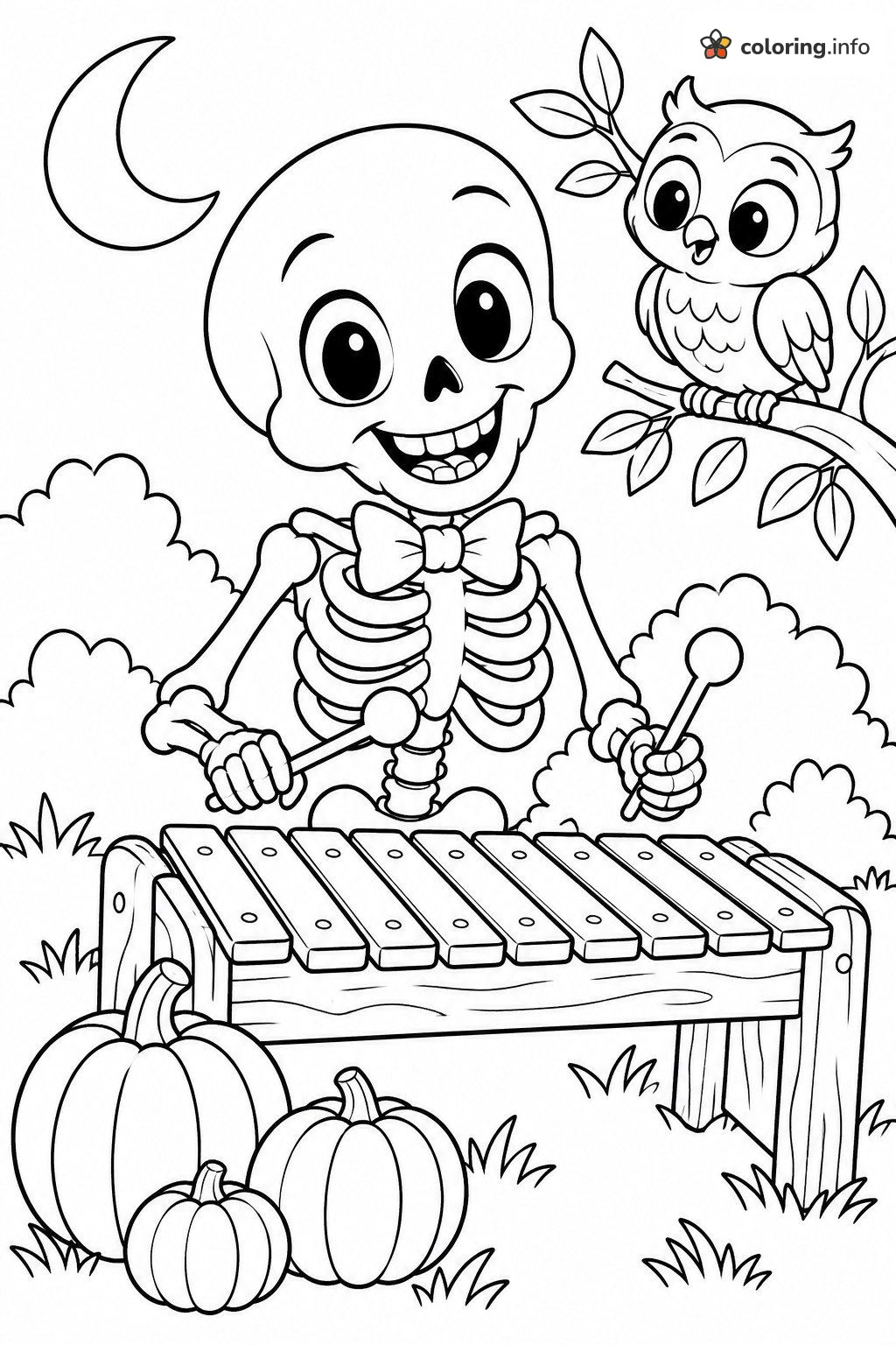 Smiling Skeleton at the Xylophone with an Owl for Halloween coloring page Smiling Skeleton at the Xylophone with an Owl for Halloween coloring page