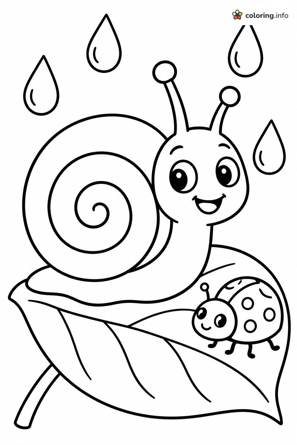 Rainy Day Animals: Snail and Ladybug Sharing a Leaf coloring sheet Rainy Day Animals: Snail and Ladybug Sharing a Leaf coloring sheet