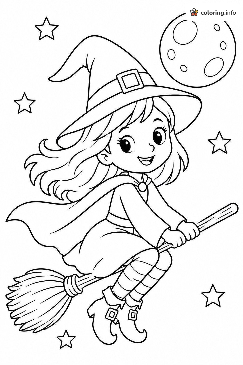 Halloween Witch Girl Zooming Past the Full Moon printable coloring page Halloween Witch Girl Zooming Past the Full Moon printable coloring page