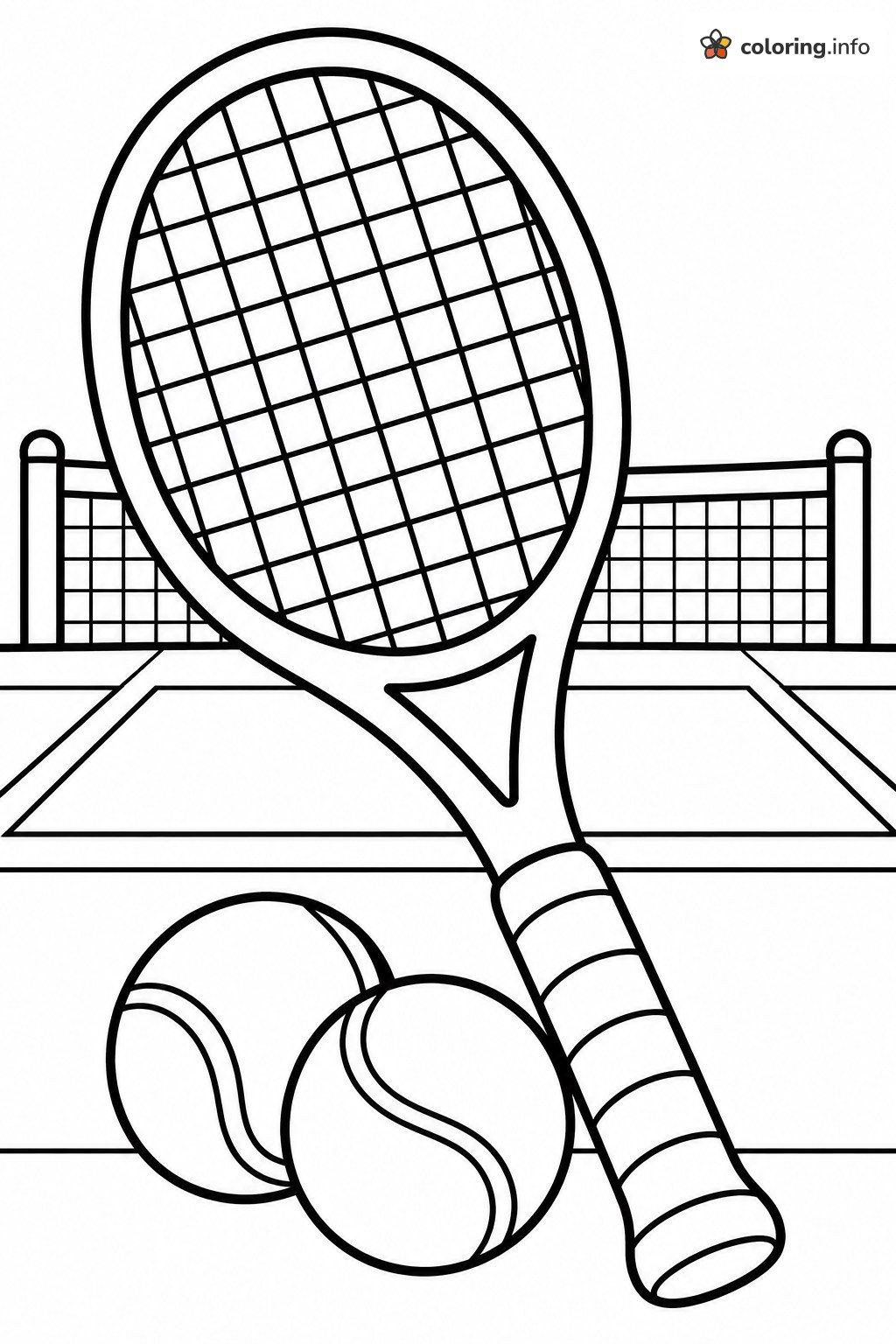 Tennis Racket and Two Balls by the Net: Sports Coloring Page Tennis Racket and Two Balls by the Net: Sports Coloring Page
