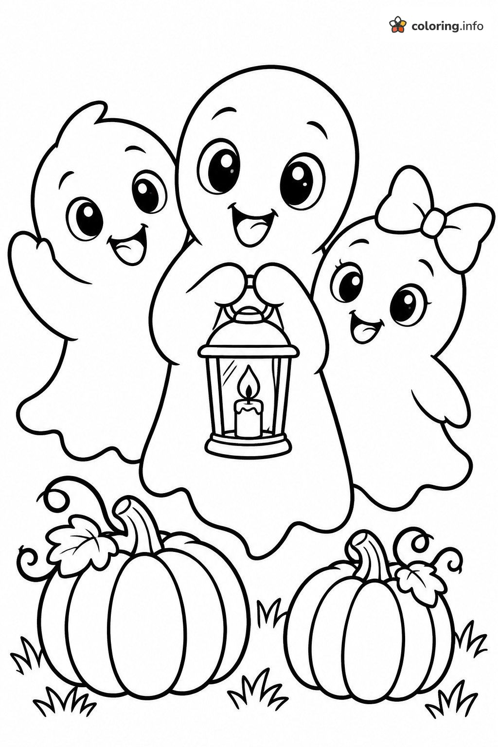 Three Little Ghosts with a Lantern and Pumpkins for Halloween coloring page Three Little Ghosts with a Lantern and Pumpkins for Halloween coloring page