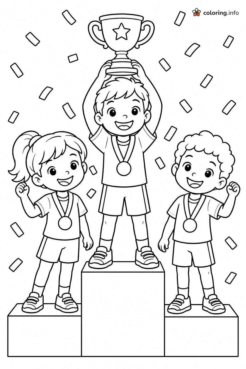 Winners Podium Celebration with Three Kids and a Trophy, Sports Page coloring page Winners Podium Celebration with Three Kids and a Trophy, Sports Page coloring page
