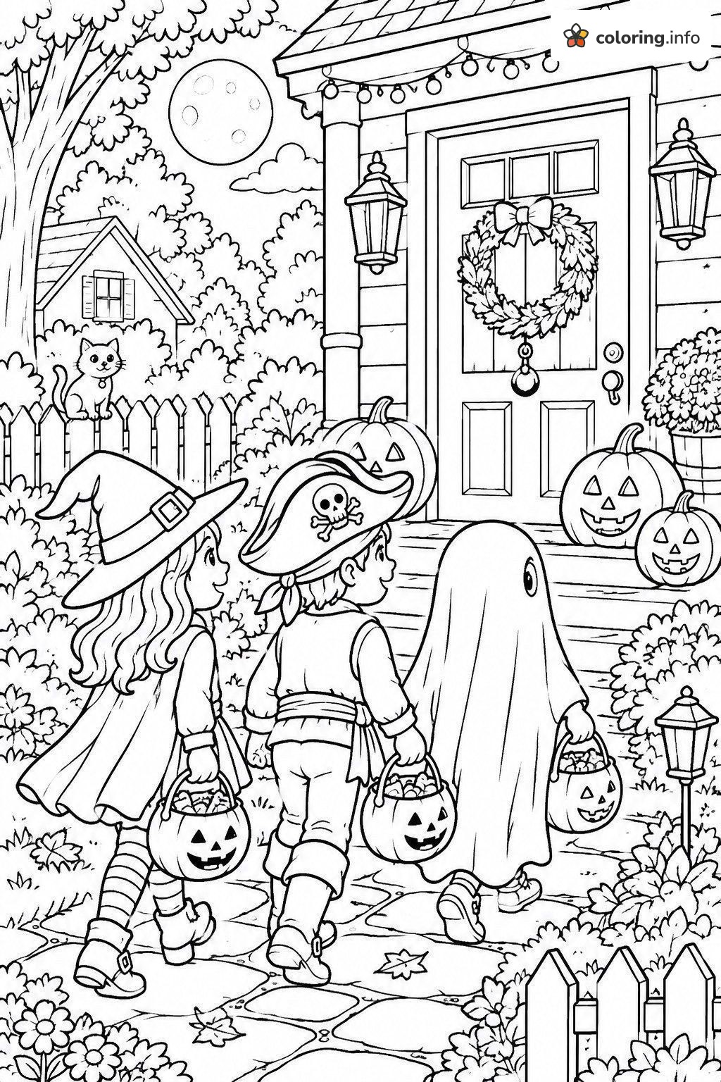Halloween Trick-or-Treaters Heading Up to the Porch coloring page Halloween Trick-or-Treaters Heading Up to the Porch coloring page