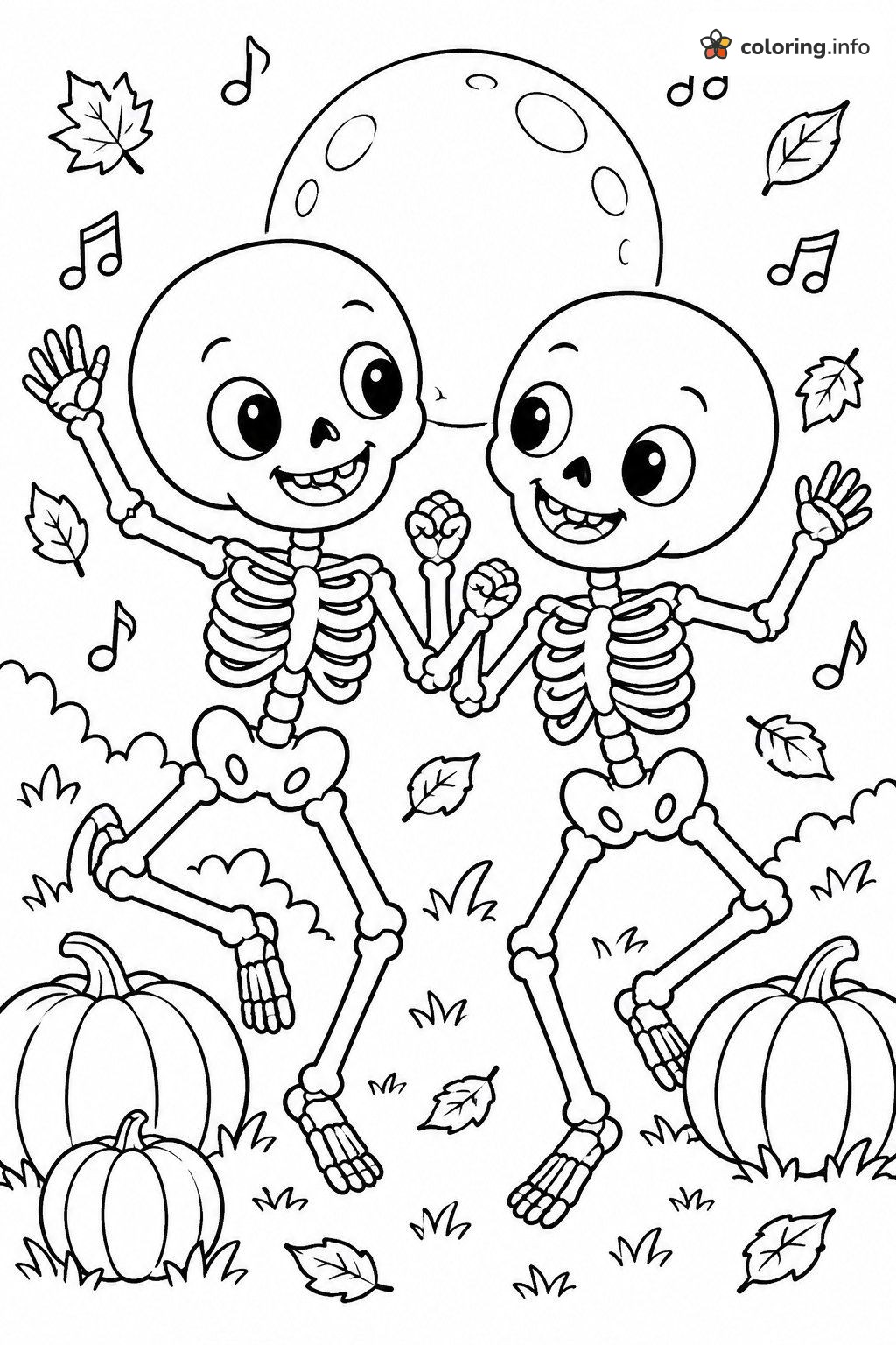 Dancing Skeletons Halloween Coloring Page with Pumpkins coloring page Dancing Skeletons Halloween Coloring Page with Pumpkins coloring page