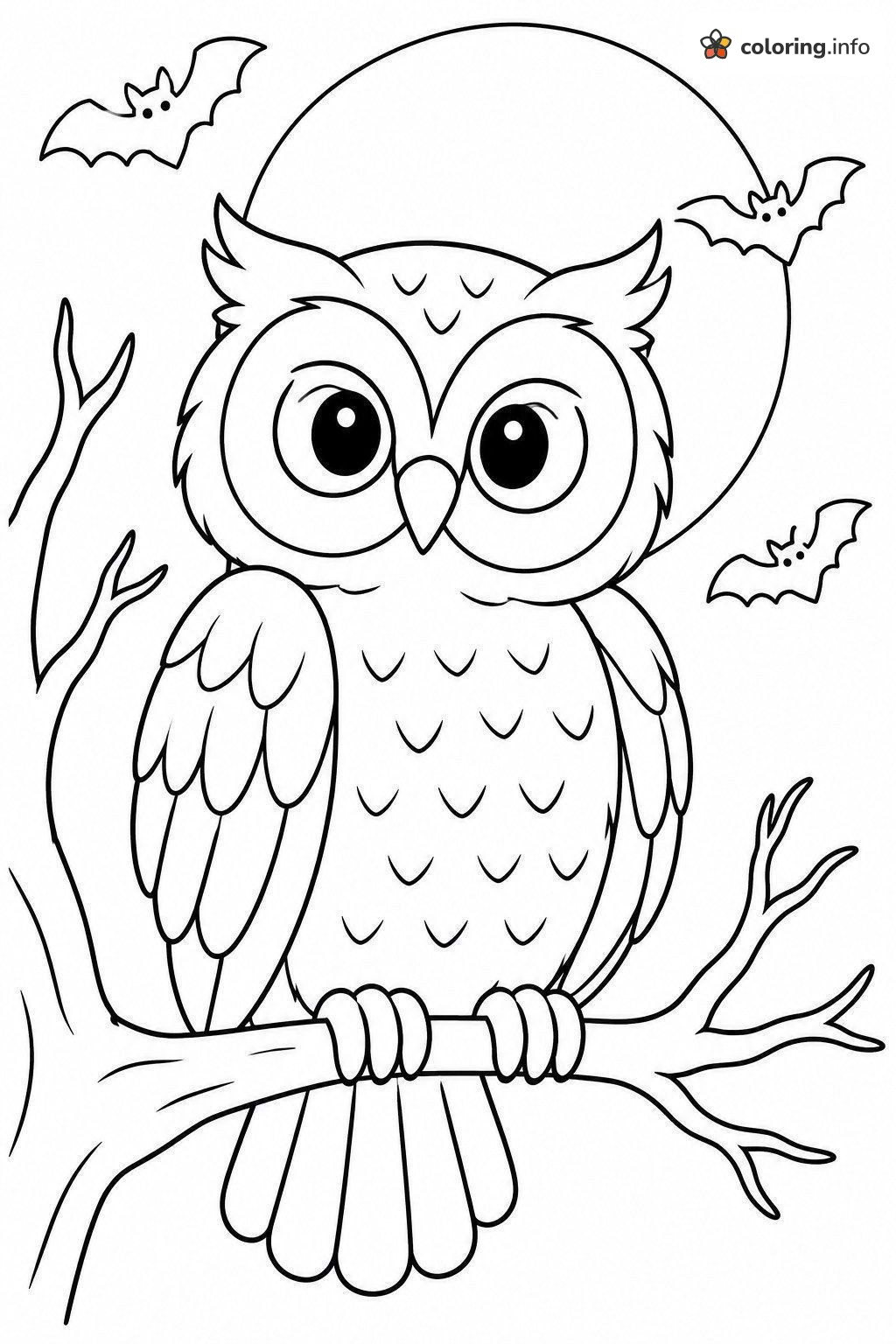 Owl on a Halloween Branch With Bats and a Full Moon coloring page Owl on a Halloween Branch With Bats and a Full Moon coloring page