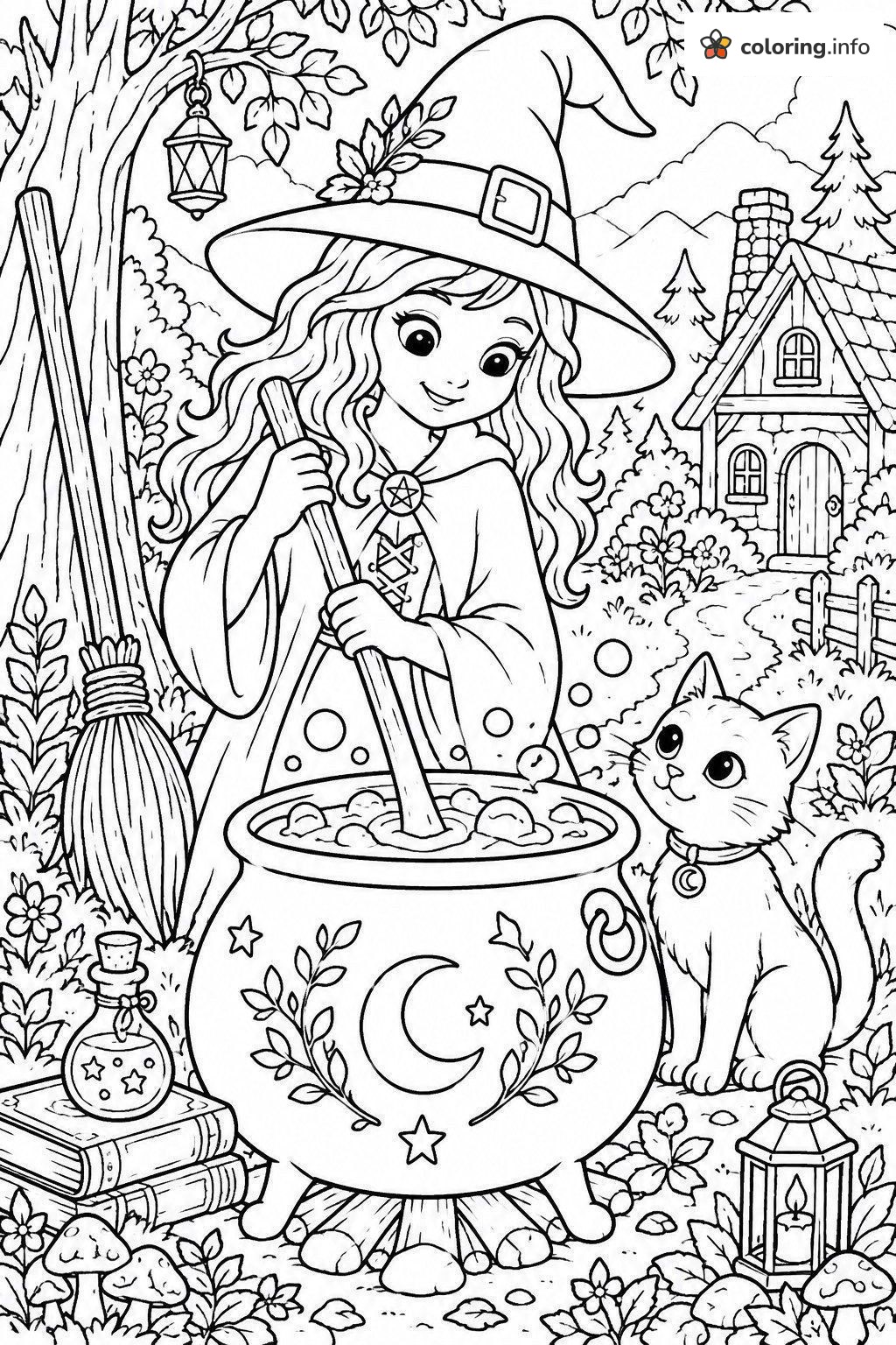 Halloween Young Witch Stirring a Cauldron by Her Cottage coloring page Halloween Young Witch Stirring a Cauldron by Her Cottage coloring page