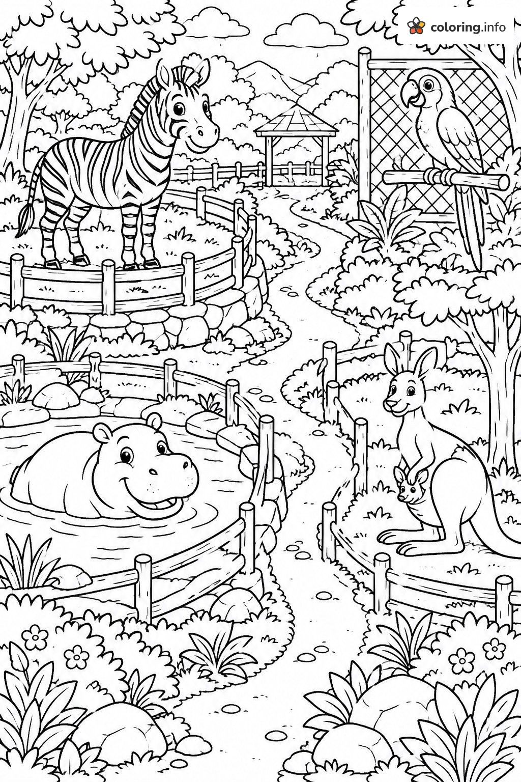 Zoo Animals Path with Zebra, Hippo, Parrot and Kangaroo coloring page Zoo Animals Path with Zebra, Hippo, Parrot and Kangaroo coloring page